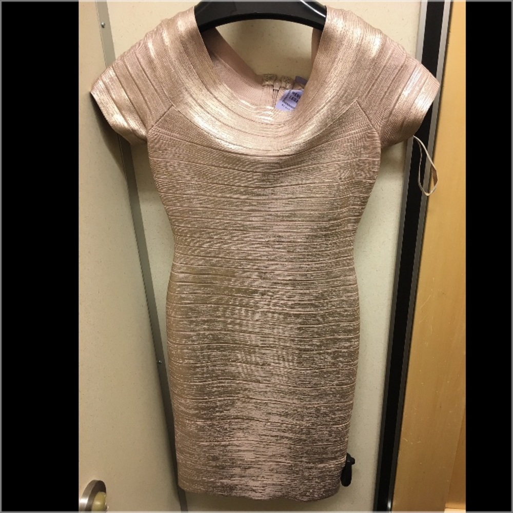 Herve Leger Carmen Off Shoulder Rose Gold Dress